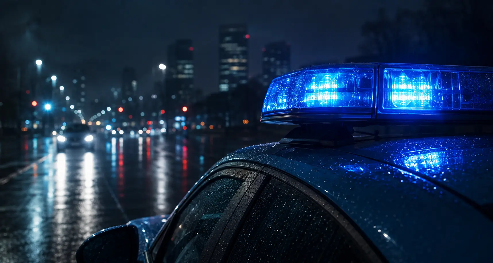 Polizeifahrzeug mit eingeschaltetem Blaulicht auf einer nassen Straße bei Nacht